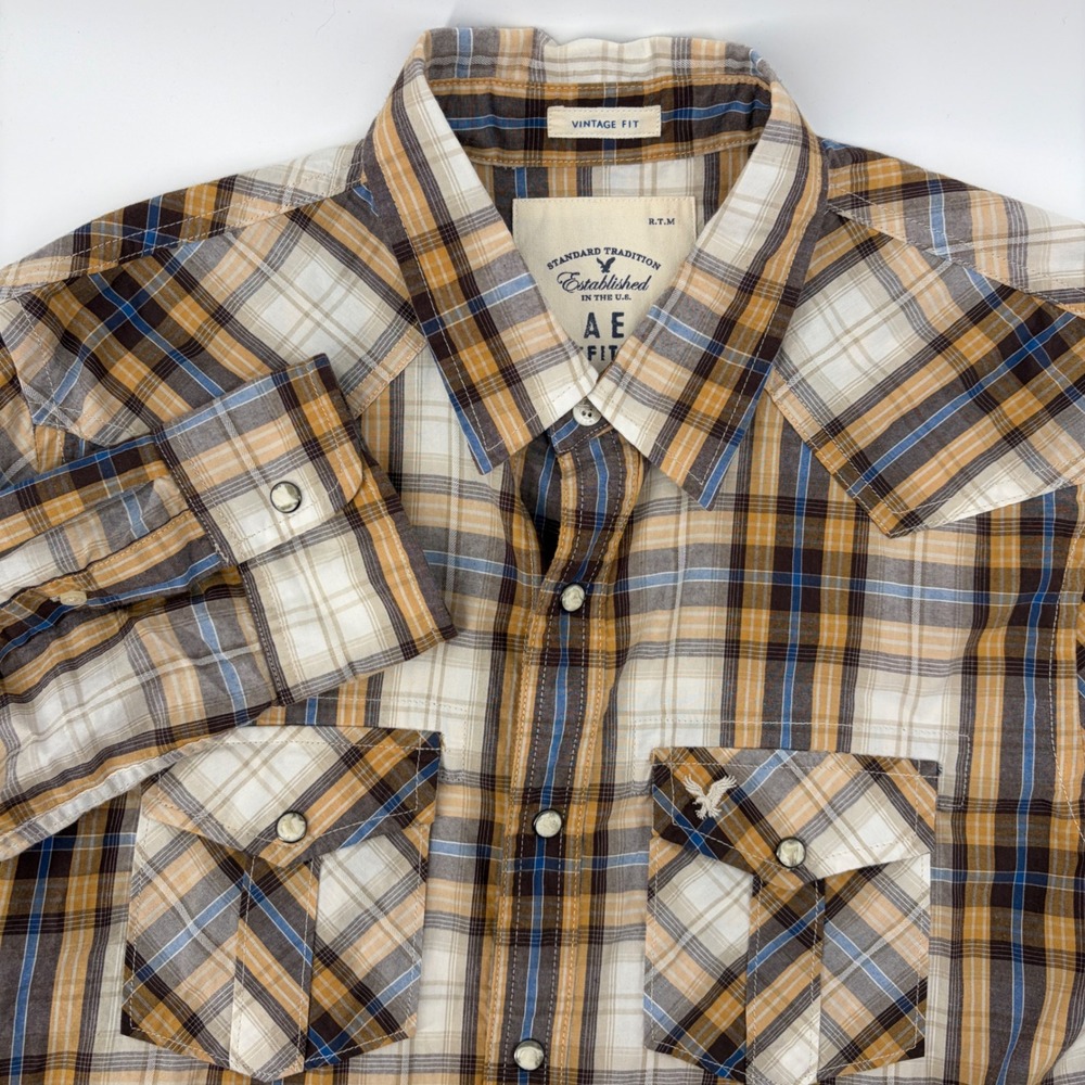 American Eagle Outfitters Mens Medium Vintage Fit Plaid Western Pearl Snap Shirt